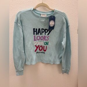 Life Is Good NWT Light Blue Waffle Knit Sleep Top Happy Graphic Oversized XS